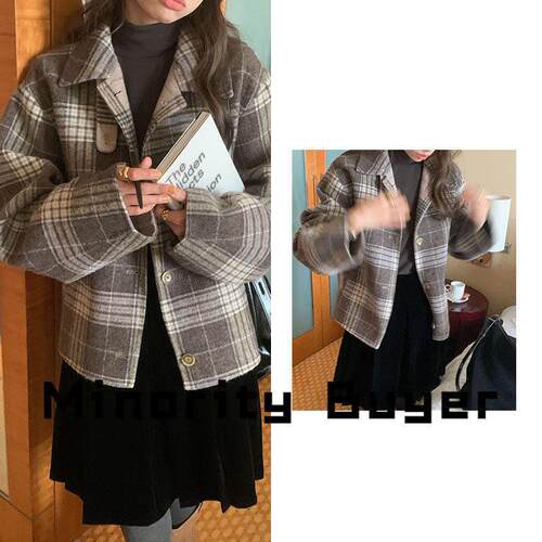 现货 买手店 Modest Mood 撞色格子减龄翻领单排扣毛呢短款外套