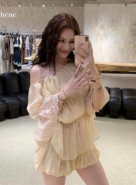 BING XIOUGN新品26春夏顺纡斜肩衬衫短裤百搭套装CHENSHOP集合店
