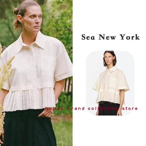 煳椒正品 Sea New York 口袋棉质拼接下摆苧麻百褶箱型短袖衬衫