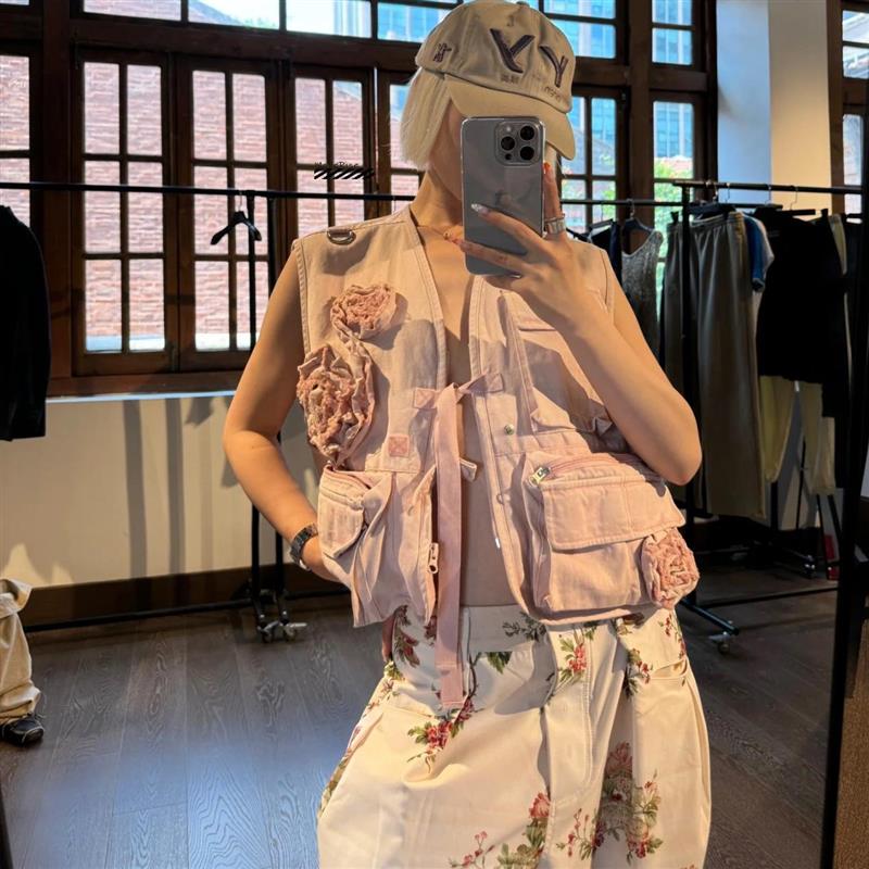 正品 OPEN YY25春夏季新品甜酷复古立体玫瑰花多口袋马甲夹克背心