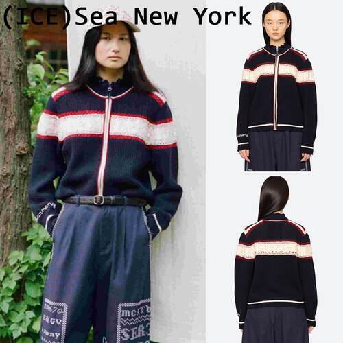 ice买手店现货Sea new york复古刺绣撞色荷叶边立领毛衣针织衫女