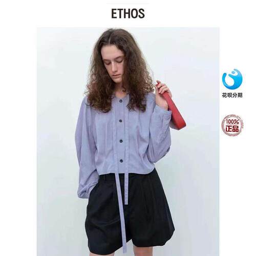 ETHOS 24早秋新款复古飘带系带蝴蝶结单排扣长袖衬衫