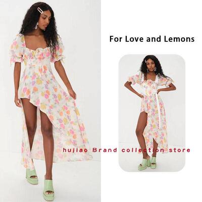 煳椒 澳洲 For Love and Lemons 褶皱泡泡袖玫瑰不对称洋装