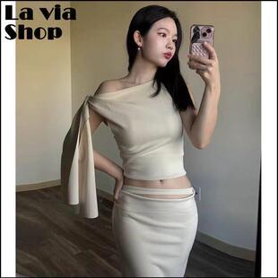 买手店美国KHY套装Kylie飘带扭结单肩上衣半身裙女