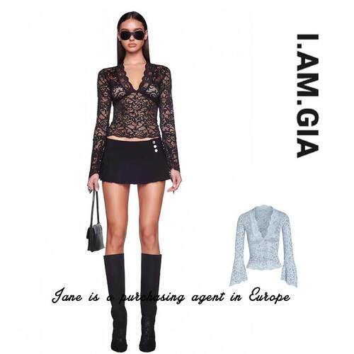 国现 美国直邮 iamgia 性感透视辣妹纯欲V领镂空蕾丝喇叭袖上衣