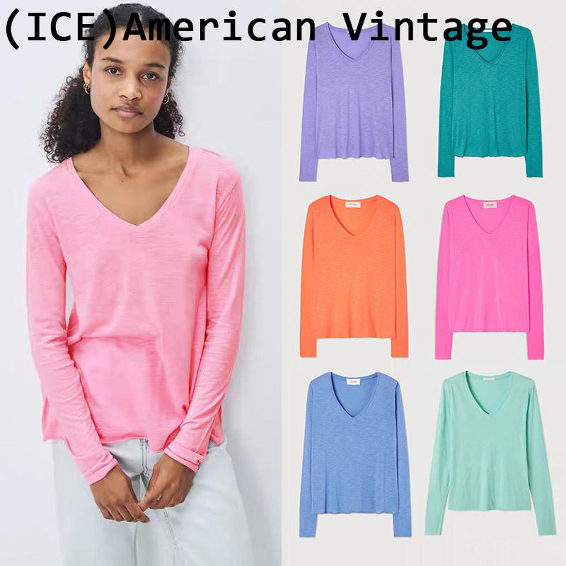 Ice买手店正品American vintage上衣25新款纯色宽松V领长袖T恤女图片