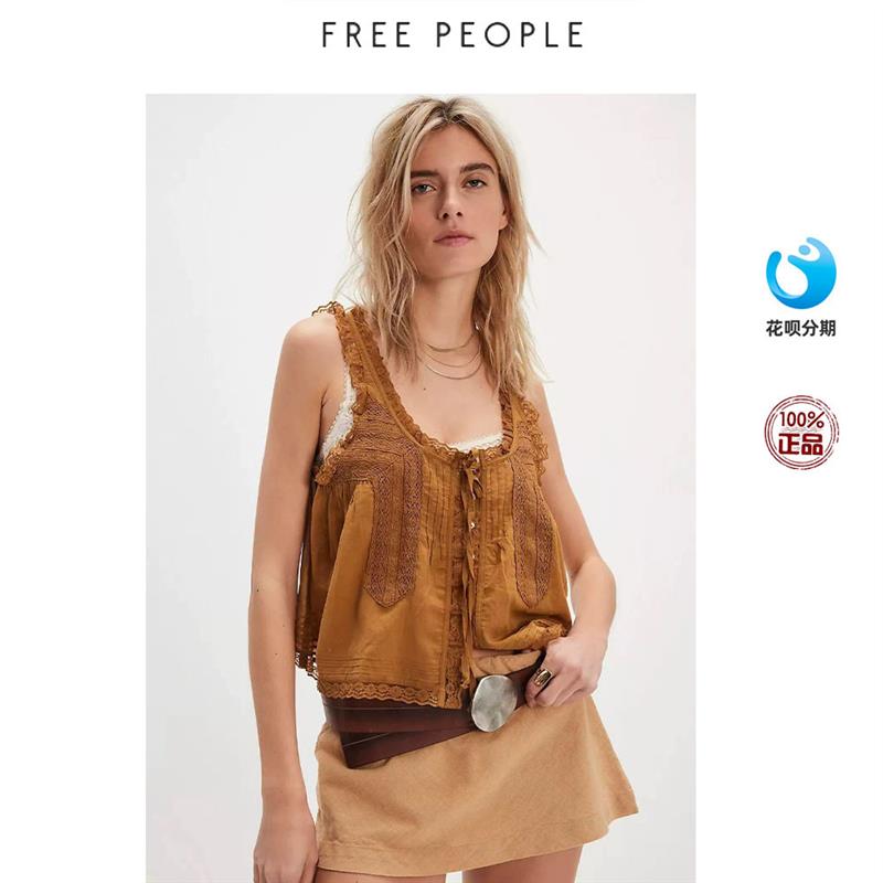 FREE PEOPLE 复古蕾丝拼接花边百搭纽扣吊带背心上衣图片
