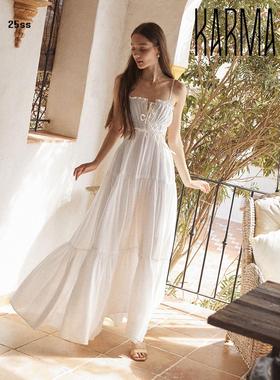 Pleased泰国纯色度假风抽绳露腰吊带裙长裙连衣裙【正品代购】