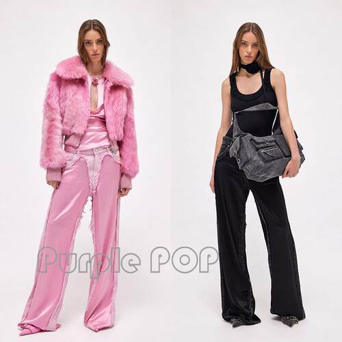 POP正品买手店 Blumarine 设计感醋酸拼接毛边宽松显瘦直筒牛仔裤