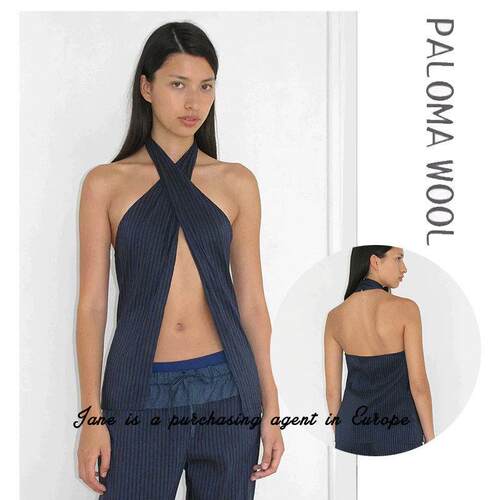 国现 PALOMA WOOL 24断码Bego梭织麻蓝色条纹挂颈背心上衣服