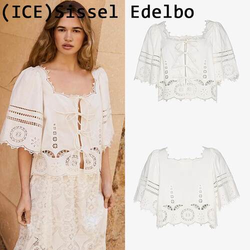 ice买手店折扣丹麦SISSEL EDELBO衬衣方领镂空刺绣短袖上衣衬衫女