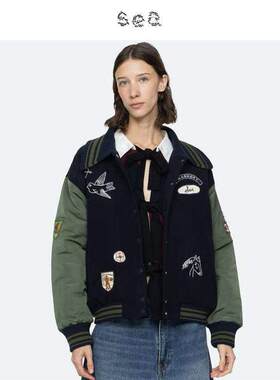 Sea New York 复古刺绣拼接翻领撞色棒球服夹克外套
