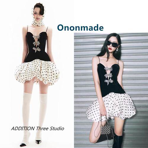 越南小众 Ononmade 复古赫本风性感蝴蝶结波点拼接花苞吊带连衣裙