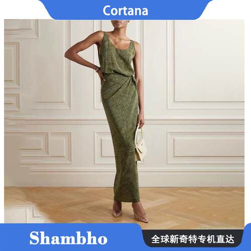 Shambho正品 Cortana 新品墨绿印花无袖真丝裹身系带长版洋装