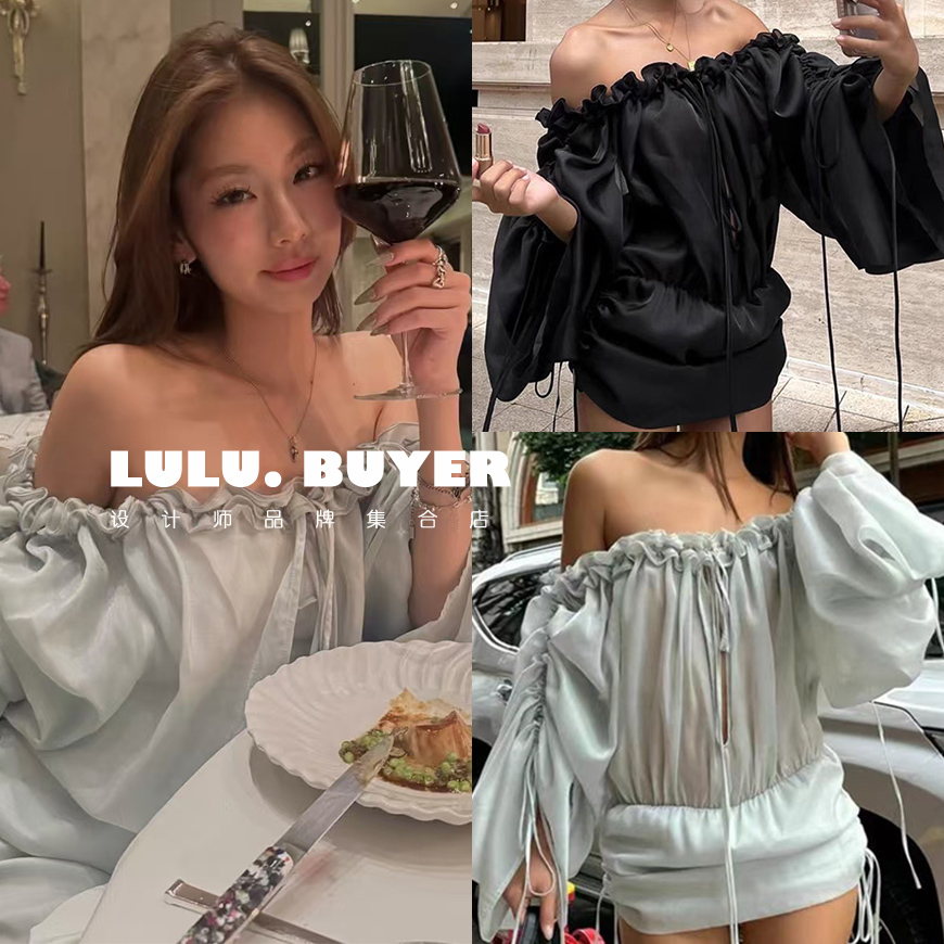 monako同款灯笼袖一字肩连衣裙