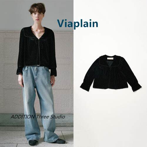 正品 Viaplain 24冬季新款减龄复古波点翻领系带天鹅绒长袖衬衫女