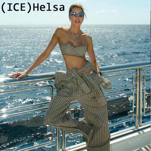 ice买手店正品现货Helsa套装Elsa Hosk同款棕色条纹文胸衬衫长裤