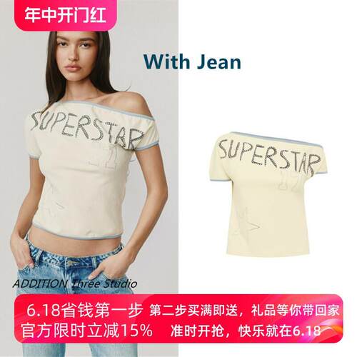 正品 With Jean 25夏季新款撞色斜肩字母印花闪钻修身短袖T恤上衣