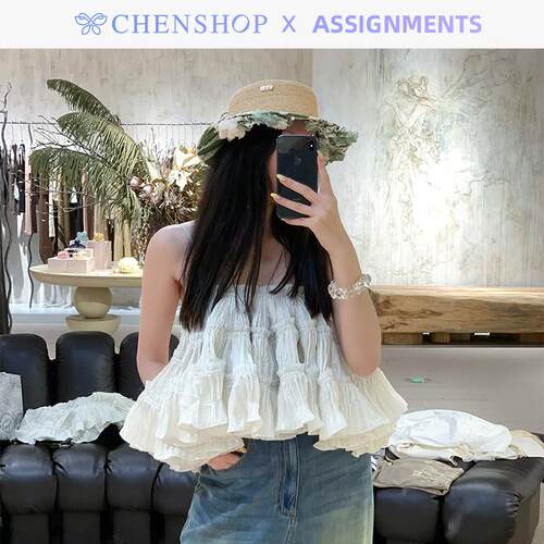Assignments新款褶饰叠层蝴蝶结短款吊带短裙CHENSHOP设计师品牌