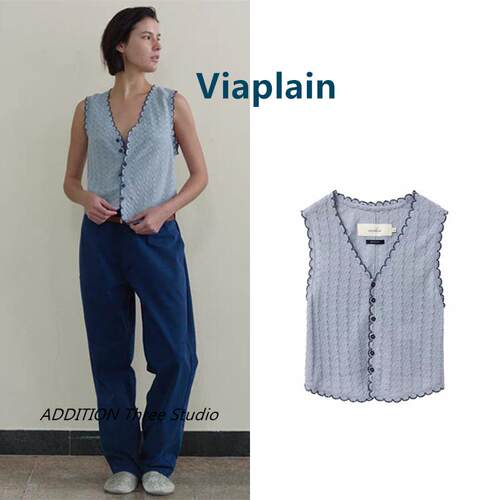 韩国 Viaplain 26春夏新款甜美波浪花边V领无袖针织开衫马甲背心