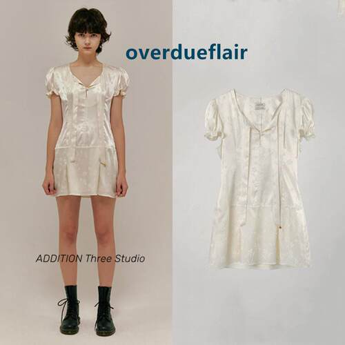 正品现货overdueflair 夏款复古提花V领系带泡泡袖短款收腰连衣裙