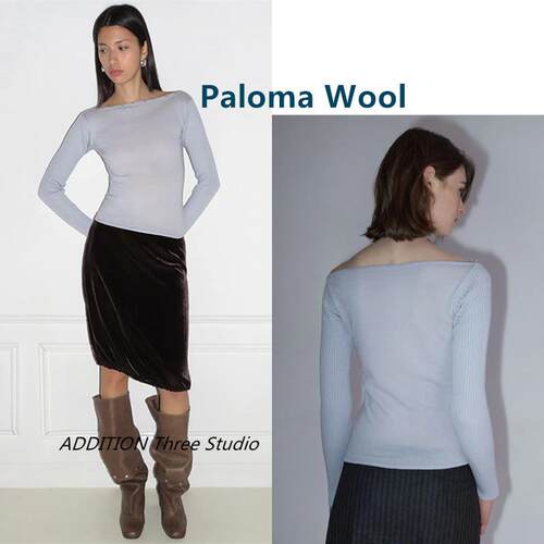 正品 Paloma Wool 早春款纯色一字肩罗纹修身长袖针织衫上衣