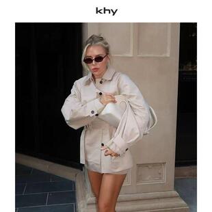 KHY 新款街头风系带收腰中长版翻领气质风衣外套