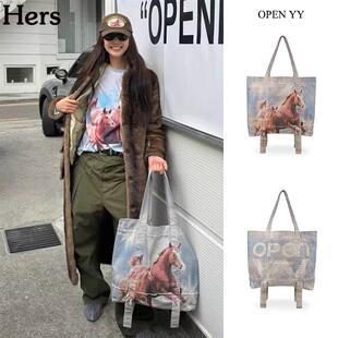 OPEN YY 韩国品牌马年限定小马印花大容量托特包女