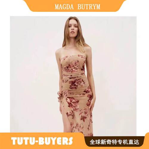 TUTU magda butrym 法式复古抹胸碎花性感褶皱显瘦包臀连衣裙