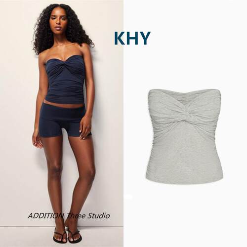 正品 KHY 春夏款Kylie同款性感辣妹褶皱扭结修身短款抹胸背心上衣