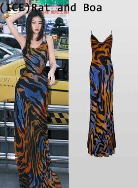 Lve买手店现货折扣正品Rat and Boa连衣裙蓝色豹纹印花吊带长裙