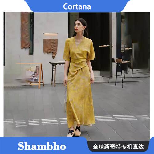 Shambho正品 Cortana 新品水墨水彩印花真丝V领裹身系带洋装