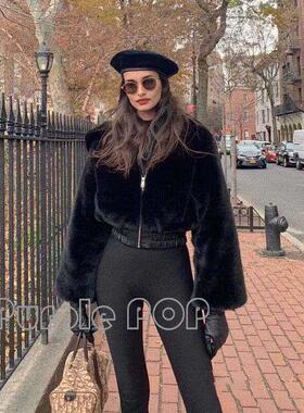 POP买手店 I.AM.GIA 欧美显瘦连帽拉链毛绒皮草短外套夹克
