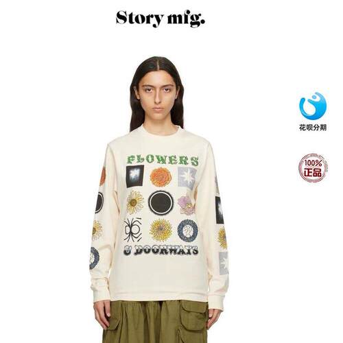 Story Mfg  虞书欣同款圆领长袖白色厚棉T女印花上衣