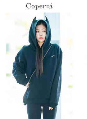 Jennie同款Coperni小恶魔角纯棉连帽运动衫 简约春季长袖连帽衫