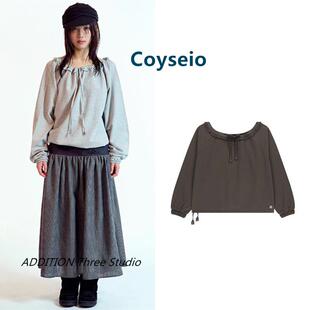 韩国 Coyseio 26春季新款纯色甜美花边抽绳褶皱宽松长袖T恤上衣女