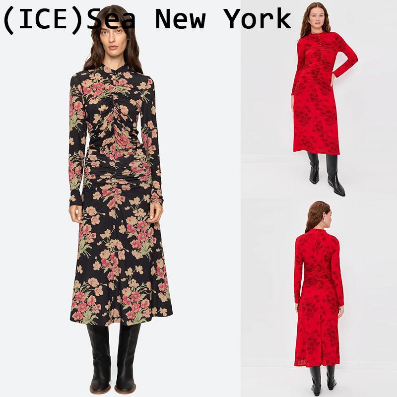 ice买手店正品Sea New York花卉印花连衣裙立领长袖收腰中长裙女