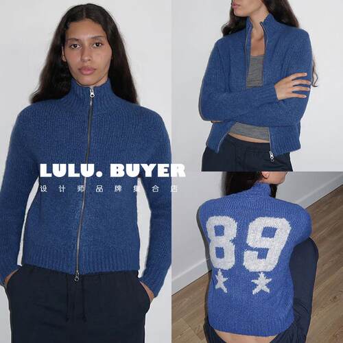LULU买手店正品现货Paloma Wool毛衣23秋冬高领拉炼蓝色开衫上衣