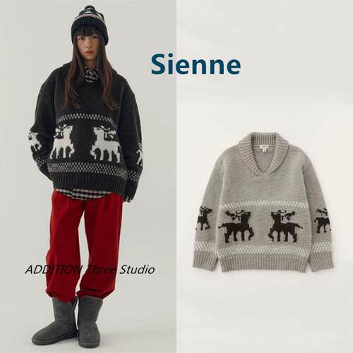 正品 Sienne 23冬季新款圣诞麋鹿提花翻领套头宽松长袖针织毛衣女