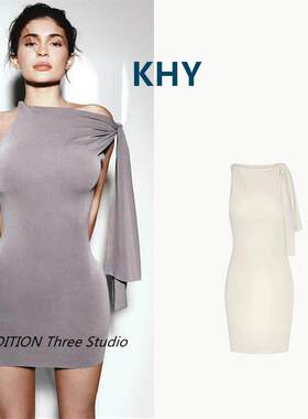  KHY 25春夏款Kylie同款性感斜肩飘带不对称修身包臀连衣裙女