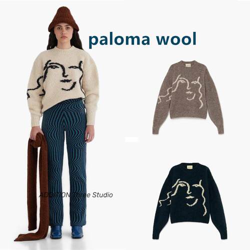 折扣 paloma wool 秋冬款圆领抽象人脸印花羊毛混纺长袖百搭毛衣