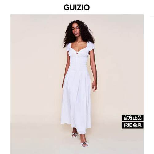怪品味正品 Guizio lisa同款白色露背收腰褶皱泡泡袖中长款连衣裙