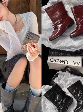 买手店韩国正品现货OPEN YY秋冬复古蝴蝶结方头中筒靴芭蕾风短靴