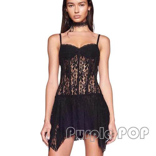 POP买手店 I.AM.GIA 性感弹力蕾丝网纱拼接不规则吊带洋装