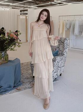 BING XIOUGN26春夏新款杏粉真丝抹胸抽皱洋装女CHENSHOP设计师