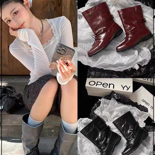 买手店韩国正品现货OPEN YY秋冬复古蝴蝶结方头中筒靴芭蕾风短靴