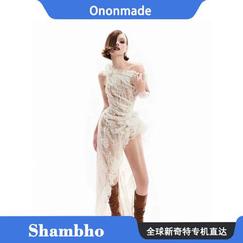 Shambho Ononmade 新款蕾丝花朵斜肩露肩褶皱收腰开衩洋装