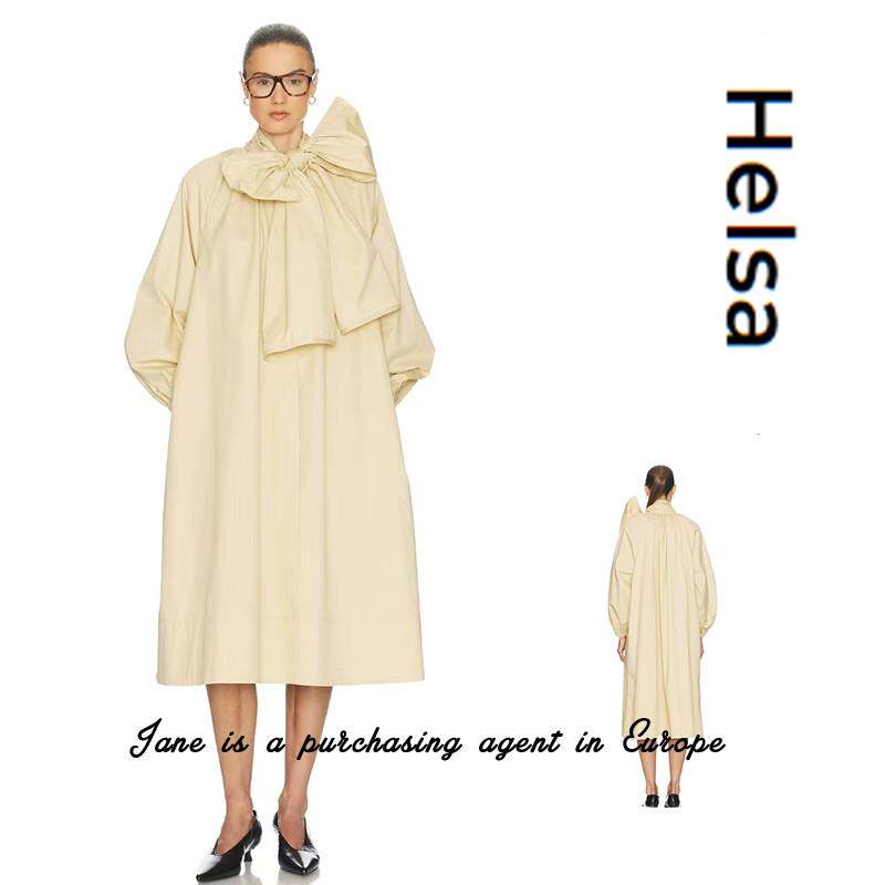 国现 瑞典直邮 Helsa 小众新款奶黄色立领蝴蝶结A字风衣款洋装