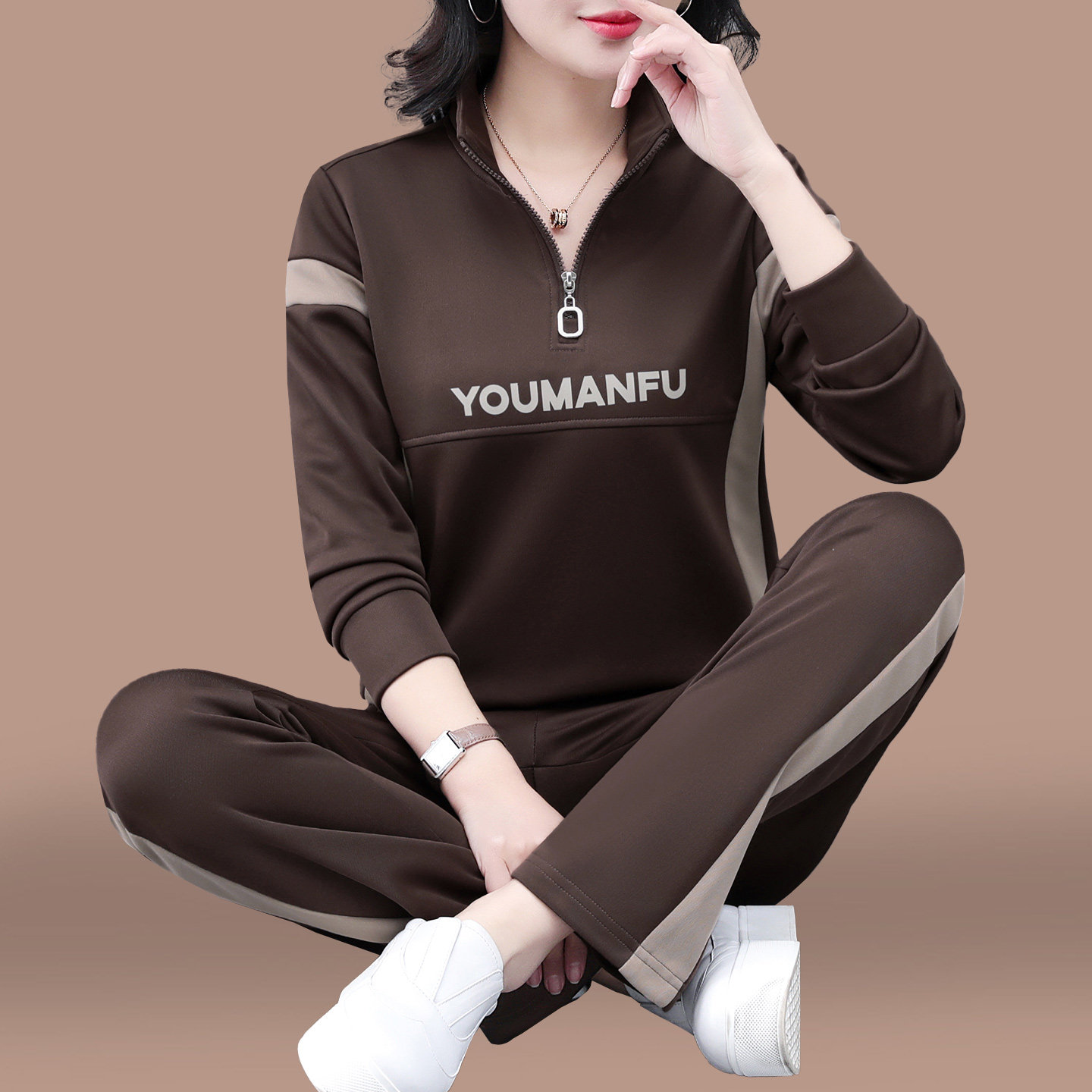 中年运动套装女春秋季2026新款妈妈时髦洋气休闲半拉链卫衣两件套