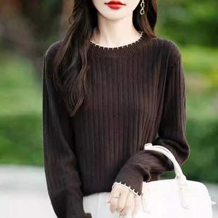 纯棉线花边圆领针织衫毛衣女秋冬触感肌理感打底衫别致全棉线上衣